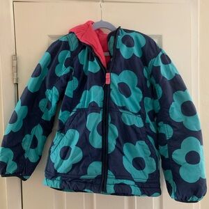 Blue fleece-lined puffer jacket with turquoise flowers, Mini Boden sz 9-10